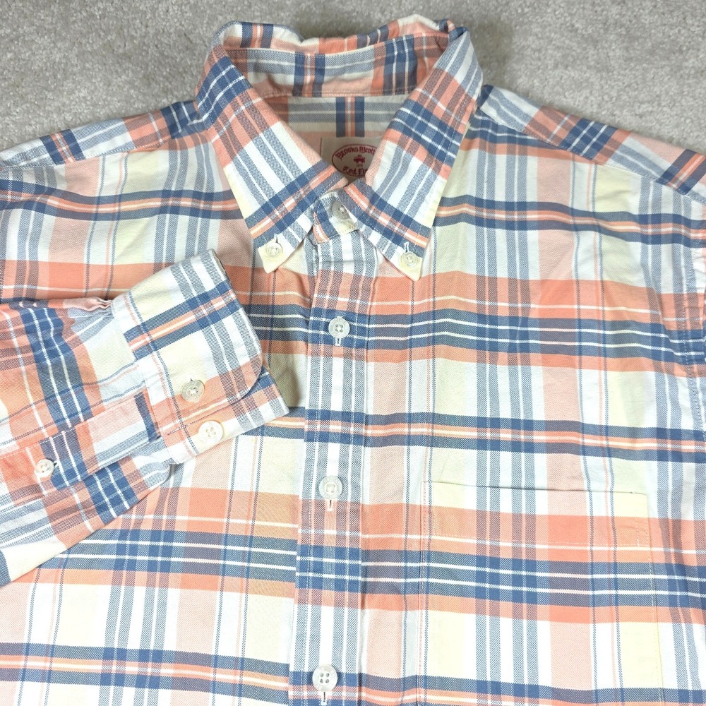 Brooks‎ Brothers Shirt Mens S Blue Orange Plaid Cotton Long Sleeve Button Down